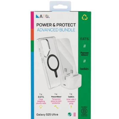 EATS/ PanzerGlass/Belkin Power & Protect Advanced Bundle - MagSafe Case, Tempered Glass & 30W USB-C Charger Brand New - Clear - Galaxy S25 Ultra
