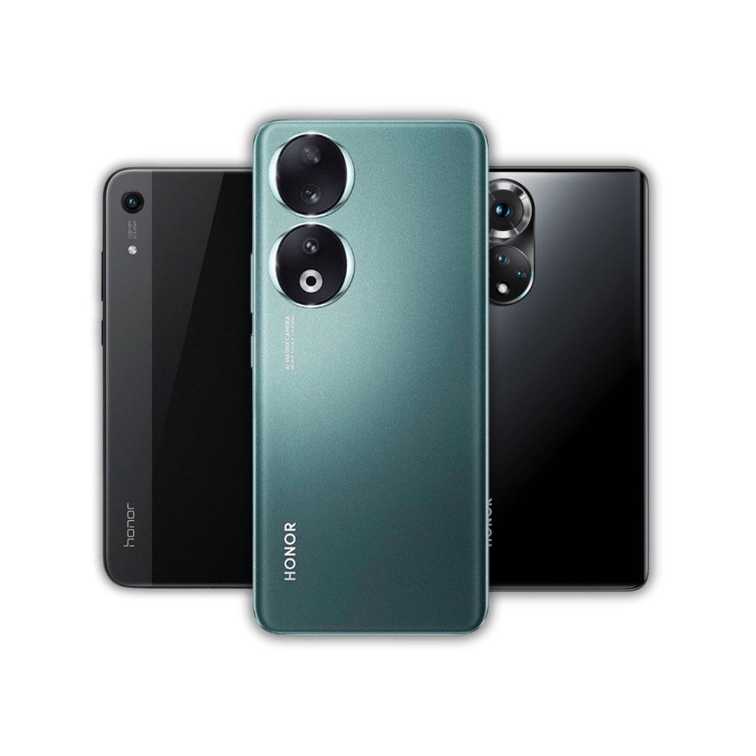 3 different Honor models side by side, two black with one green-blue one in front