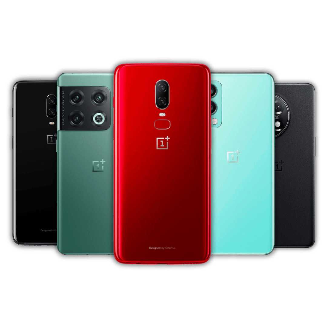 5 different OnePlus phones, with a red one at the front