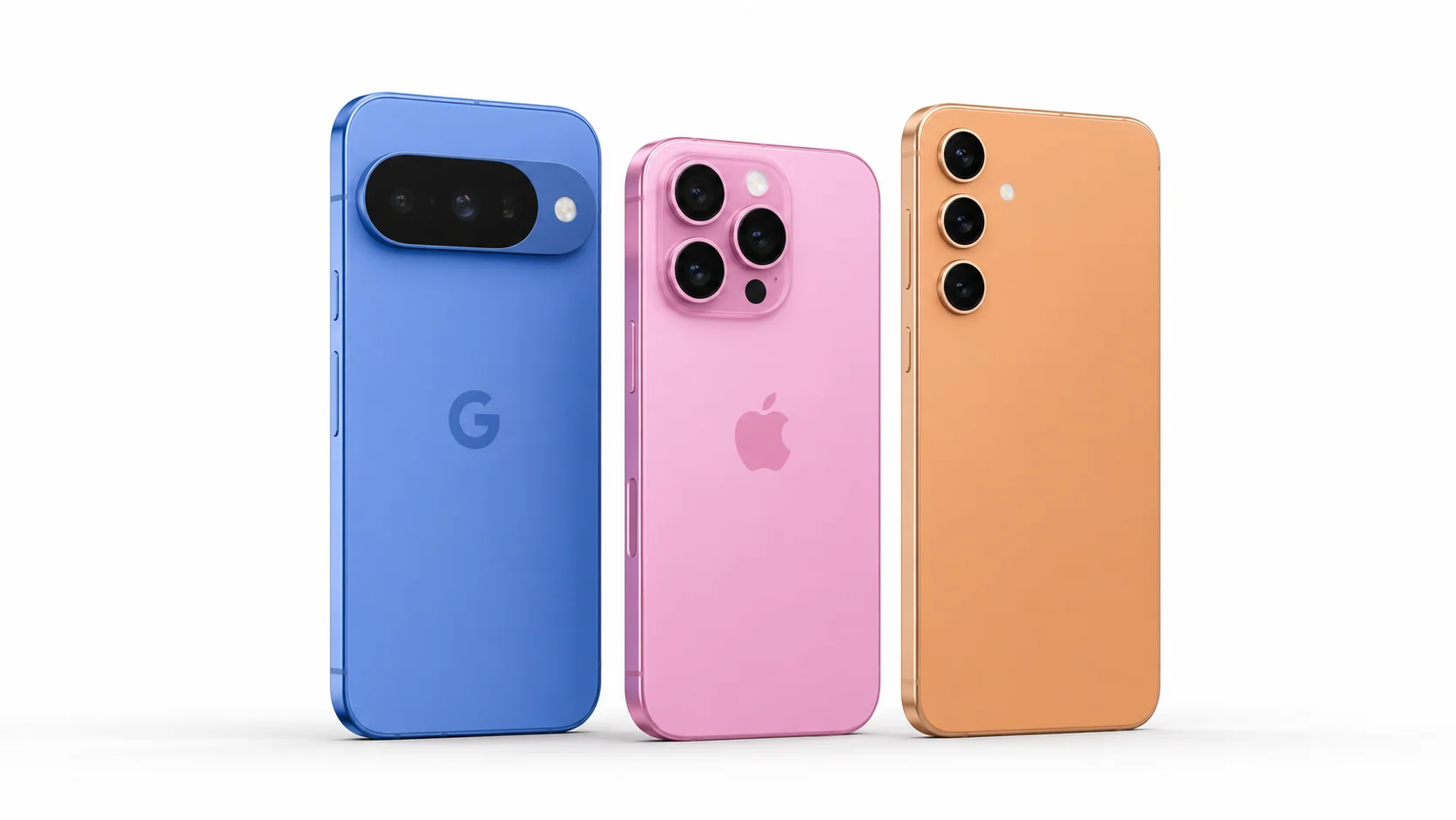 three phones side by side - a blue pixel, pink iphone and orange samsung